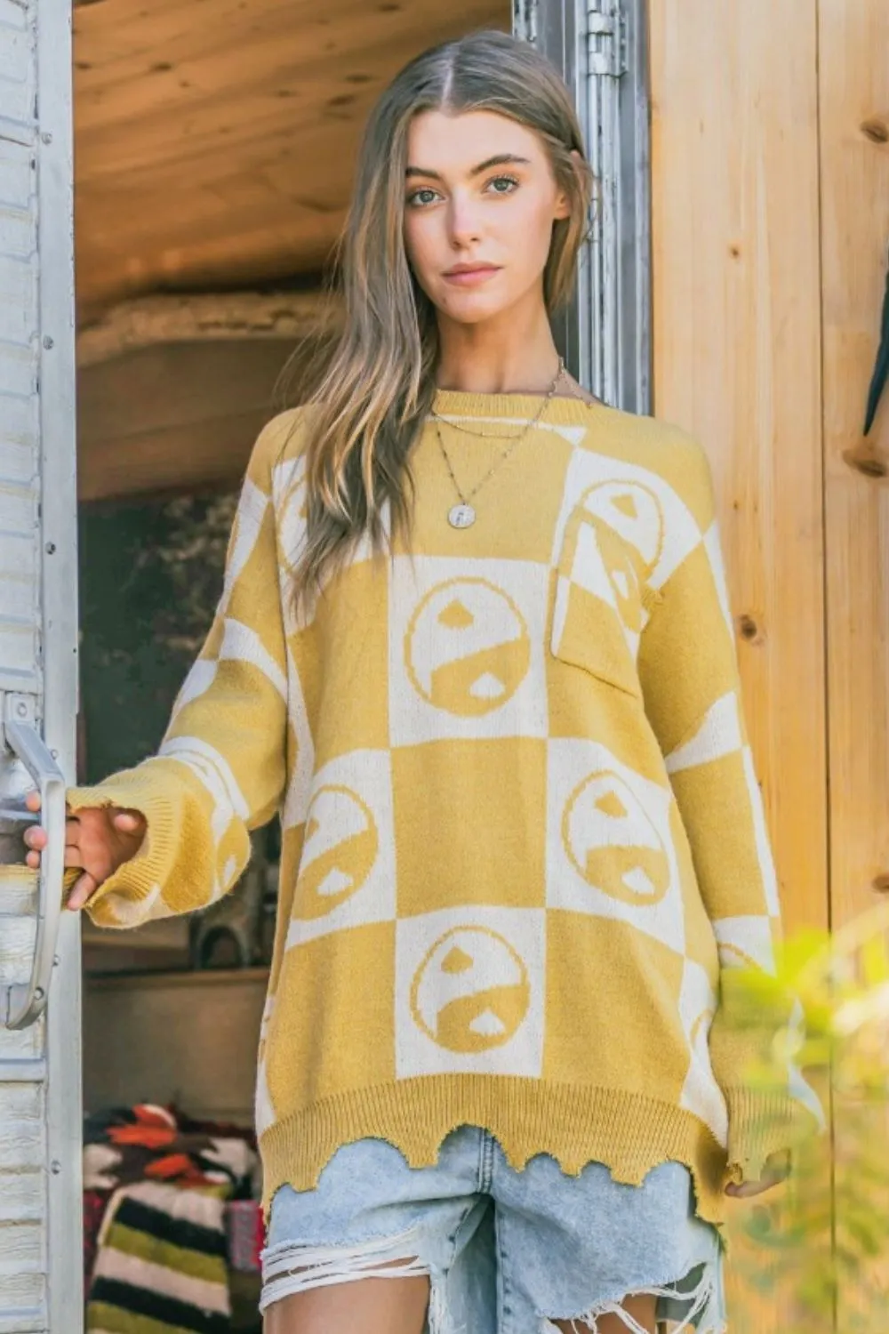 Checkerboard Sweater with Yin Yang Pattern