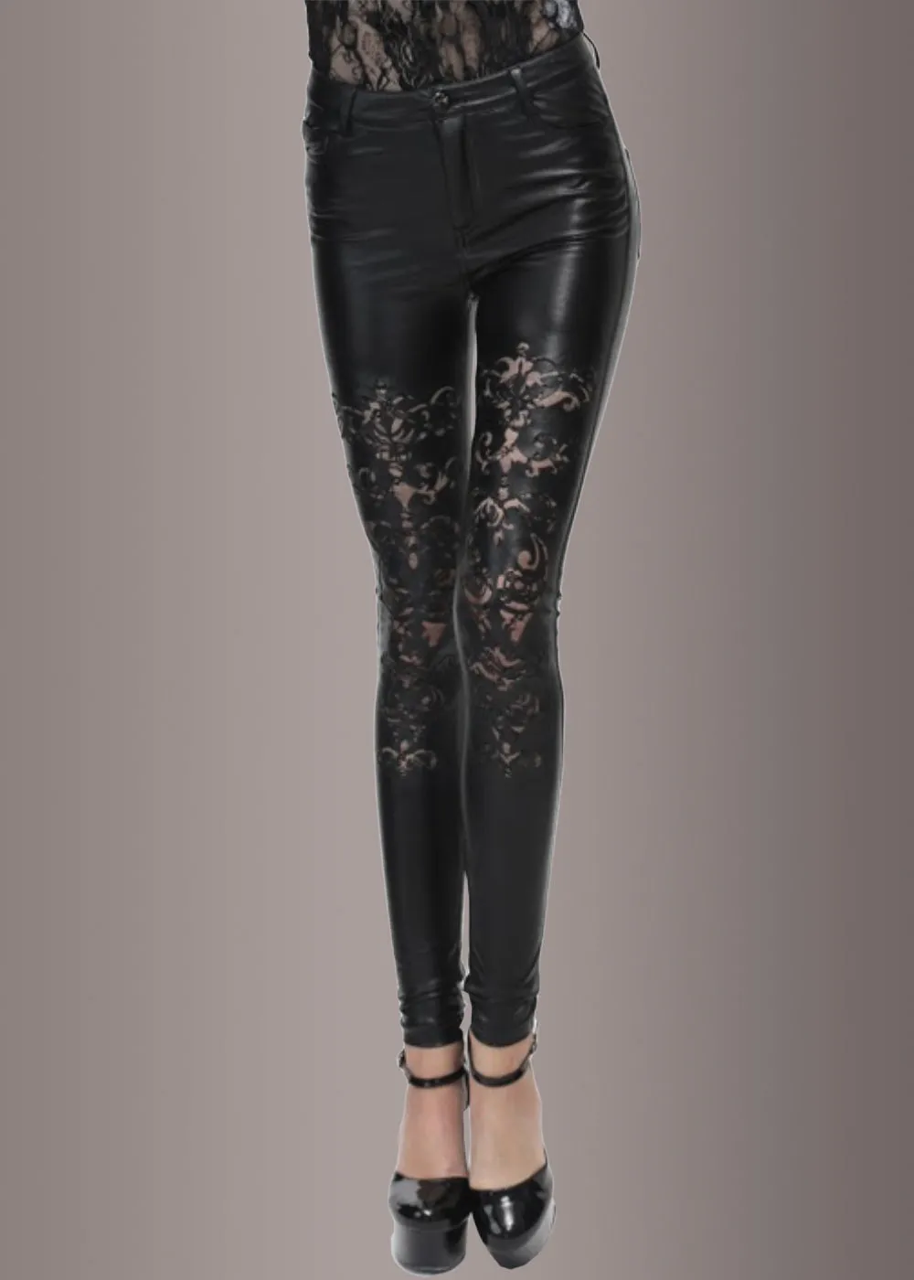 Faux Leather Pants with Cutout Lace Pattern