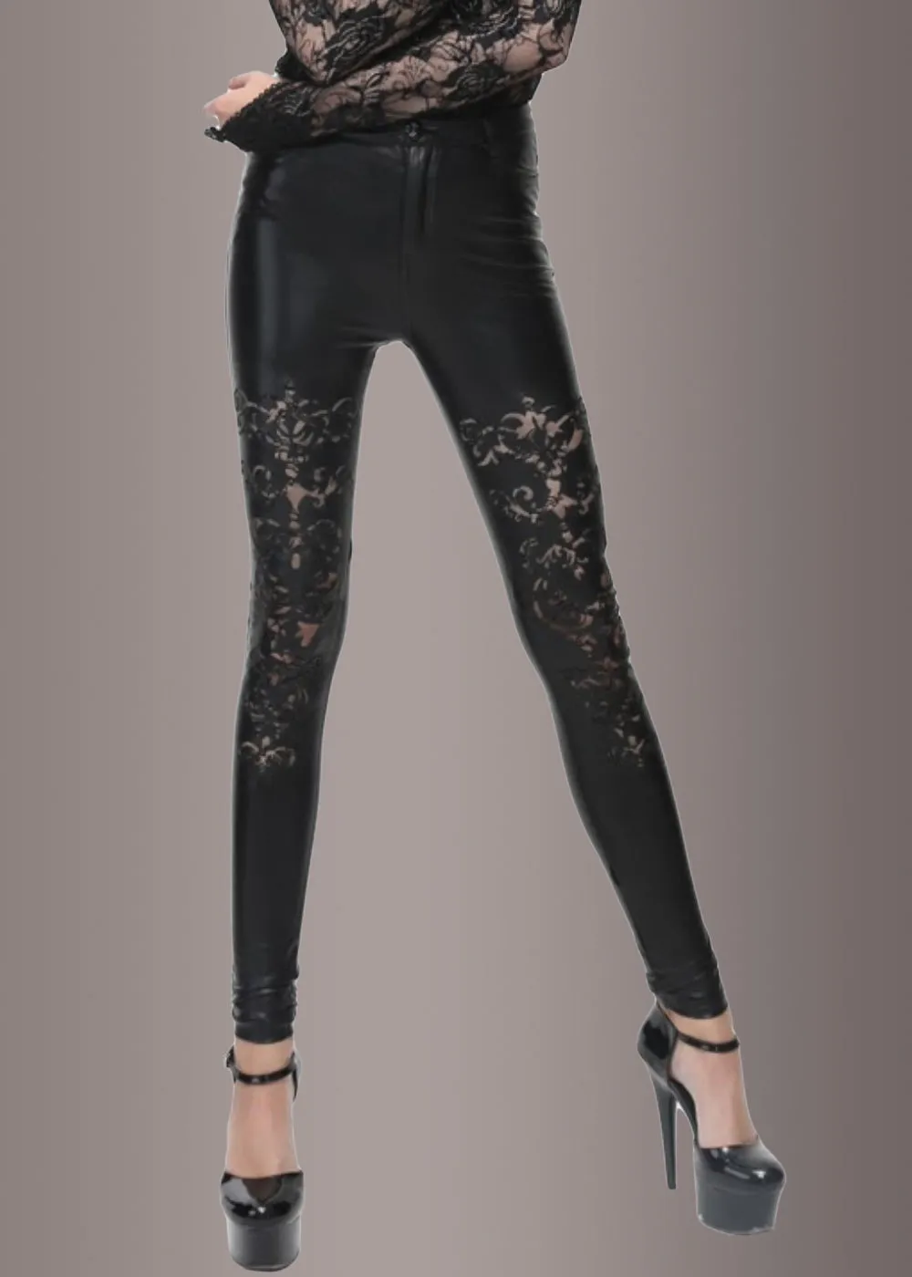 Faux Leather Pants with Cutout Lace Pattern