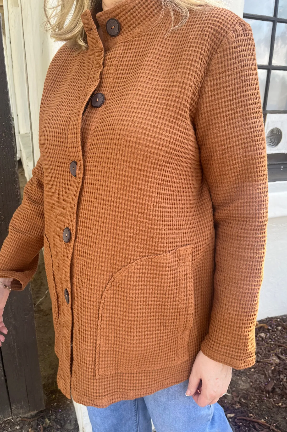 Focus Standup Collar Waffle Weave Jacket-Toffee