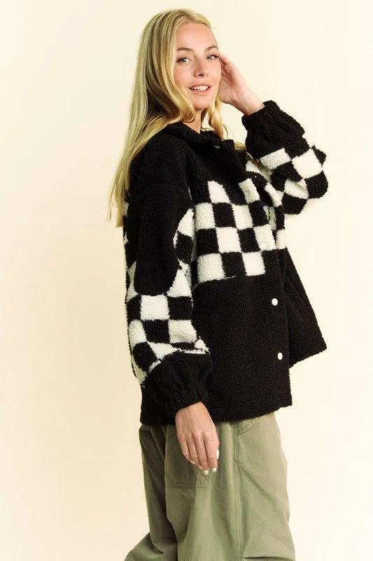 Full Size Checkered Snap Down Faux Fur Jacket