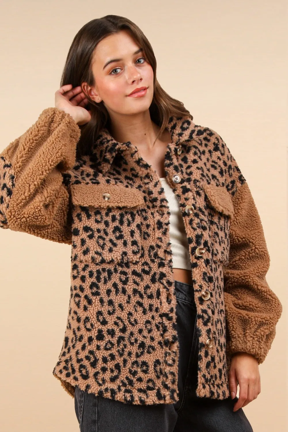 Fuzzy Leopard Button Down Long Sleeve Jacket