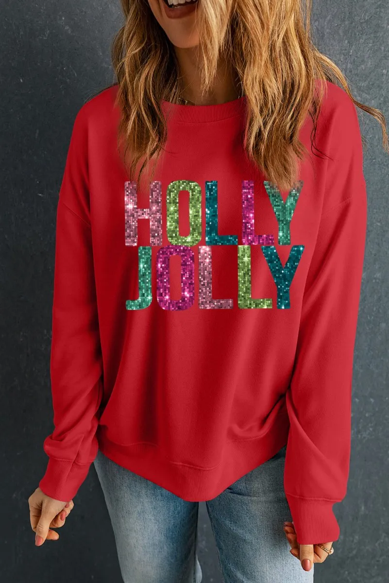 Glittering "HOLLY JOLLY" Christmas Sweatshirt