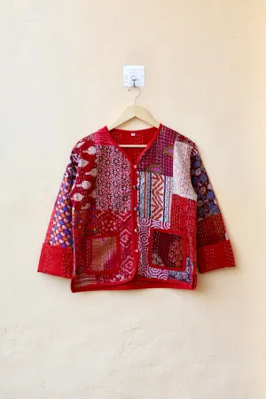 Indian Handmade Red Kantha Patchwork Quilted Jacket, Stylish Patchwork Women's Coat, Winter Spring Reversible Kantha Jacket for Her