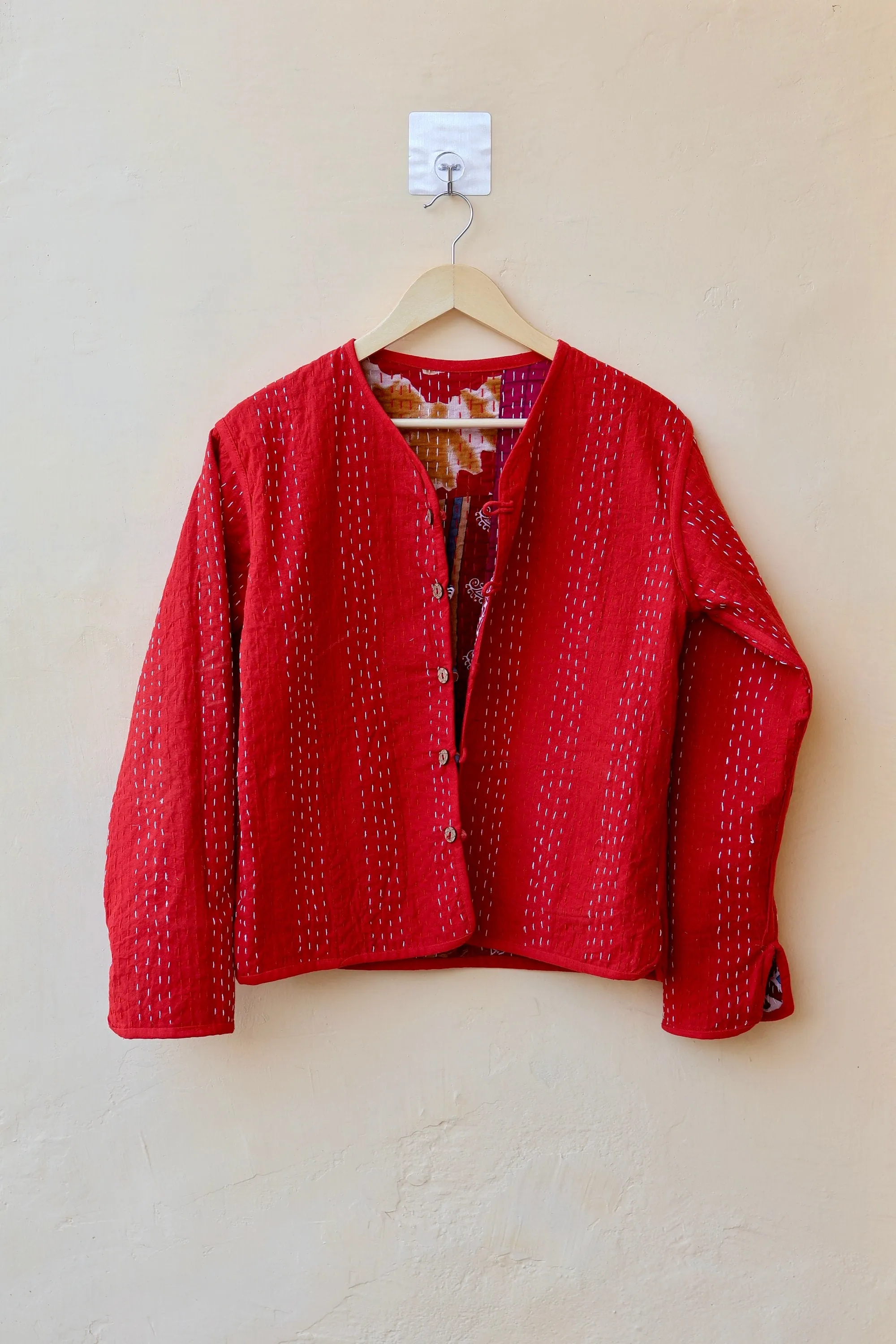 Indian Handmade Red Kantha Patchwork Quilted Jacket, Stylish Patchwork Women's Coat, Winter Spring Reversible Kantha Jacket for Her