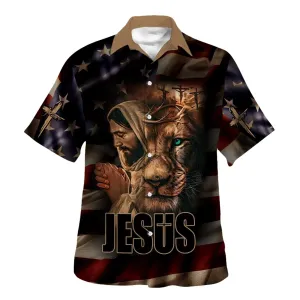 Jesus Lion Of Judah American Flag Hawaiian Shirts For Men - Christian Hawaiian Shirt - Hawaiian Summer Shirts