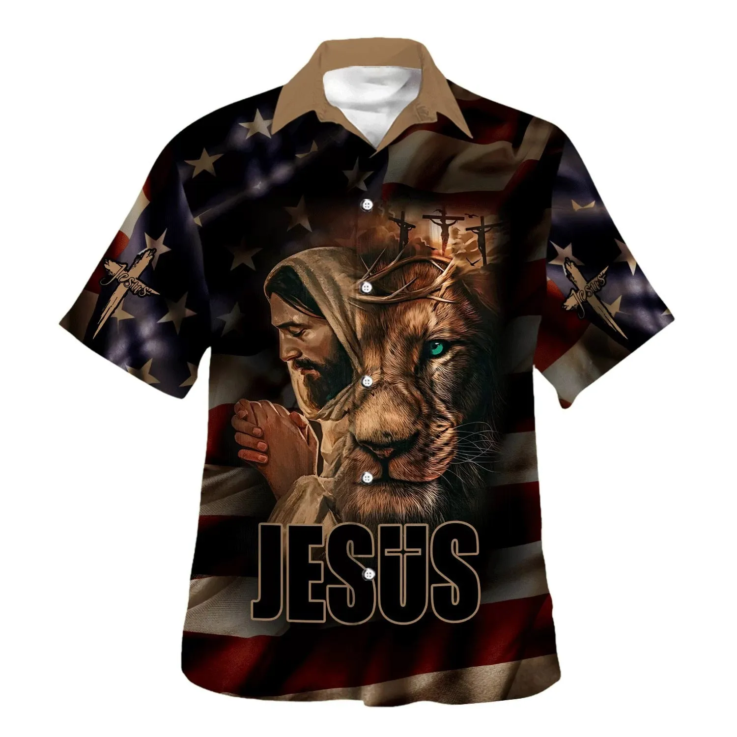 Jesus Lion Of Judah American Flag Hawaiian Shirts For Men - Christian Hawaiian Shirt - Hawaiian Summer Shirts