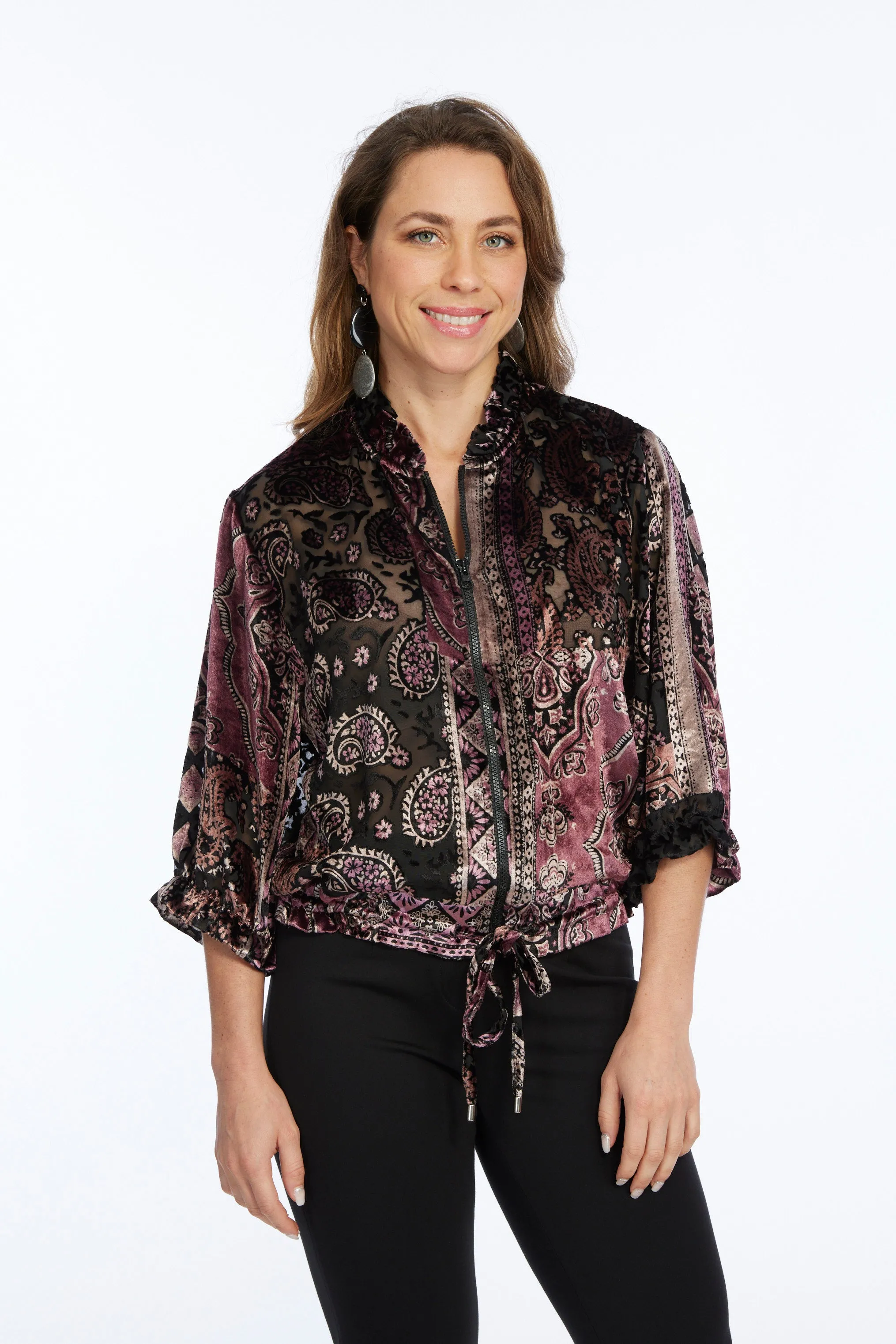 LIOR Women's Velvet Zipper Jacket Paisley Print 3/4 Ruffle Sleeves - "Jace"