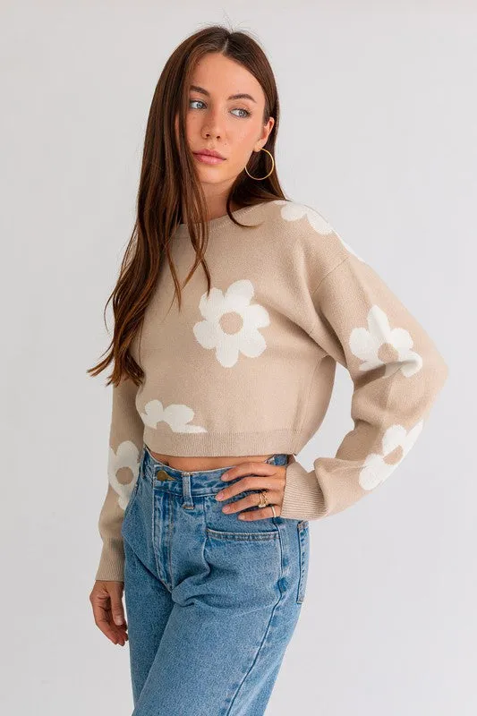 Long Sleeve Crop Sweater with Daisy Pattern