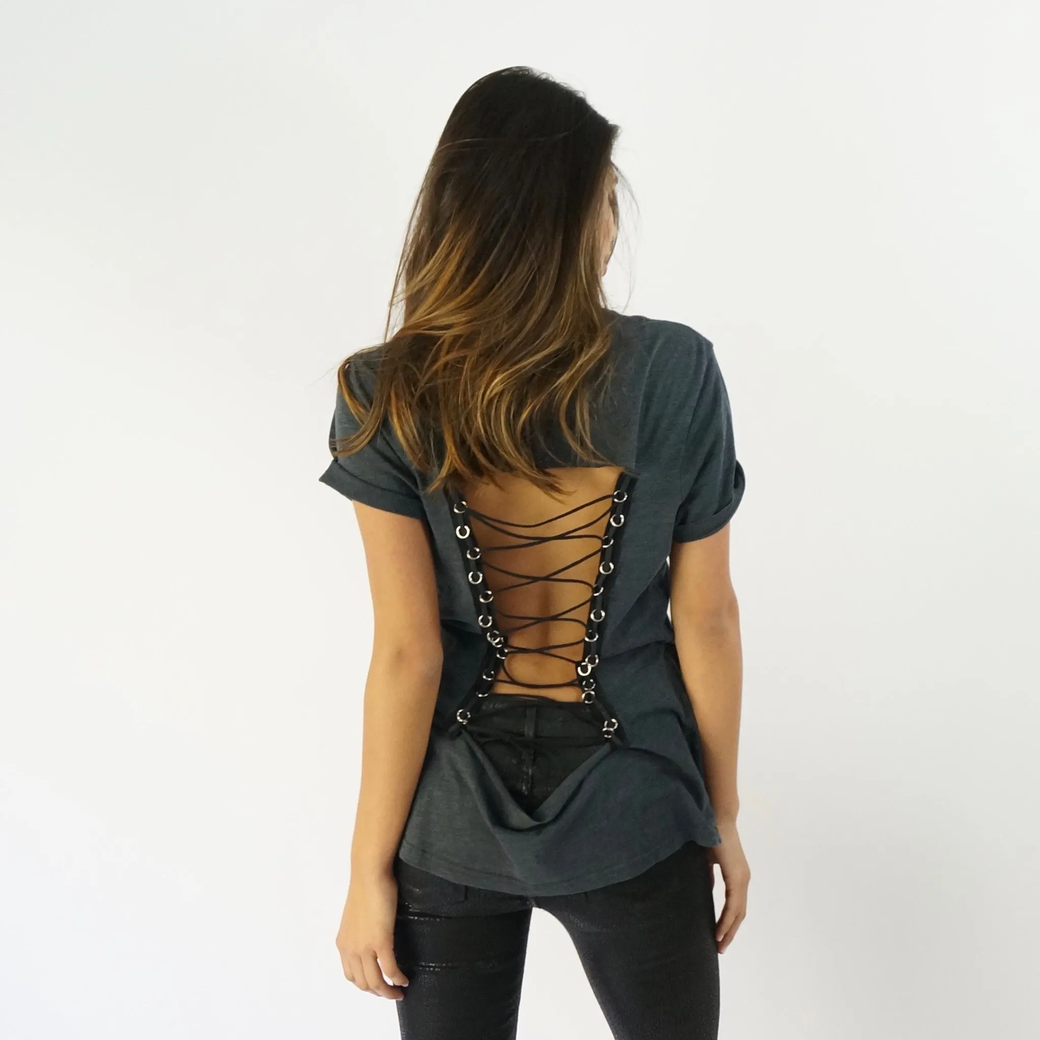 Made You Look Open Back Lace Up Tee