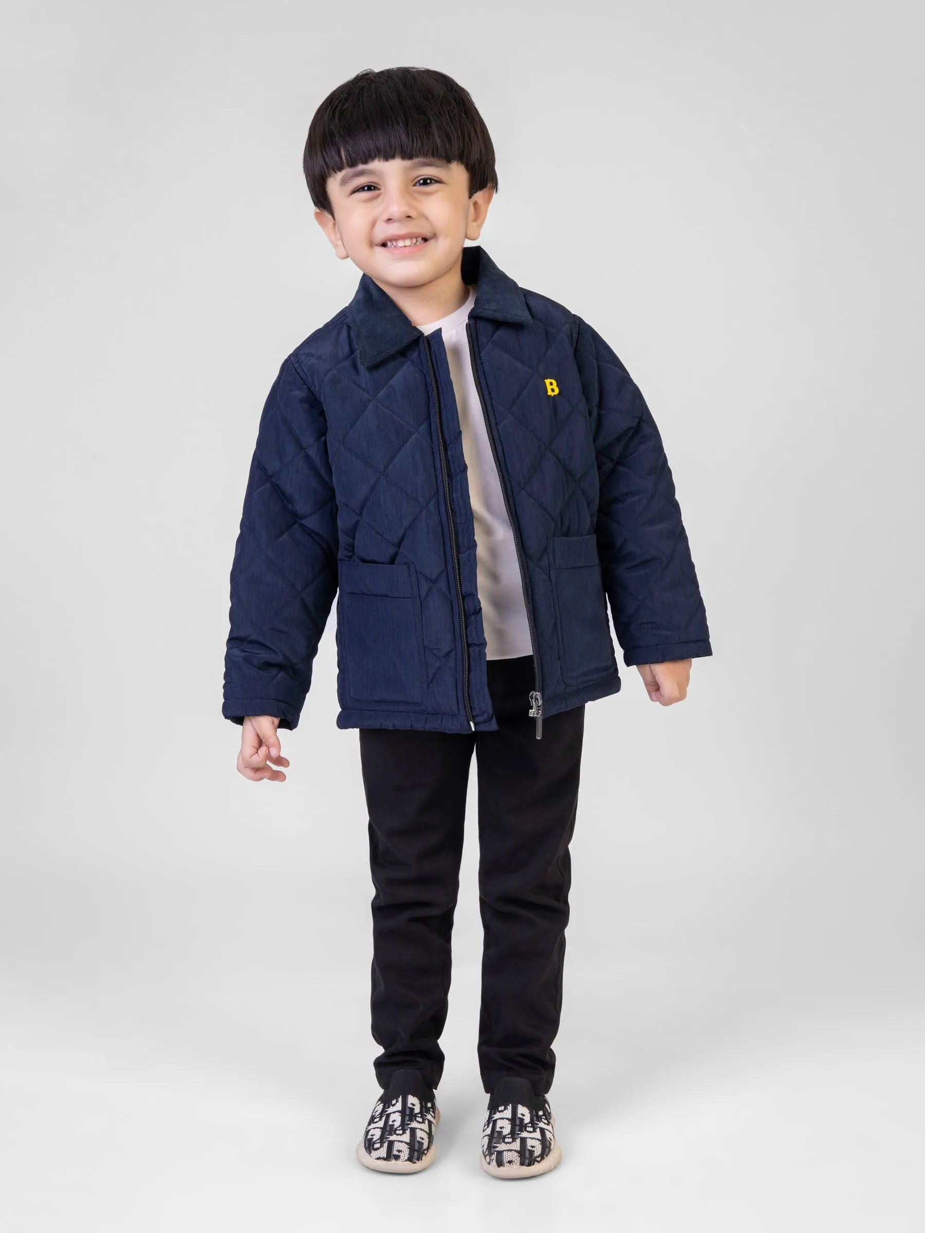 Navy Blue Padded Jacket With Corduroy Collar