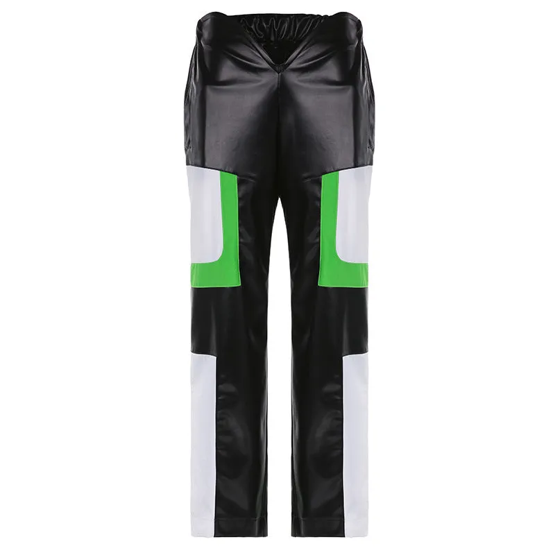 Nsquared Locomotive Style Leather Contrast Color Leather Pants V-shaped