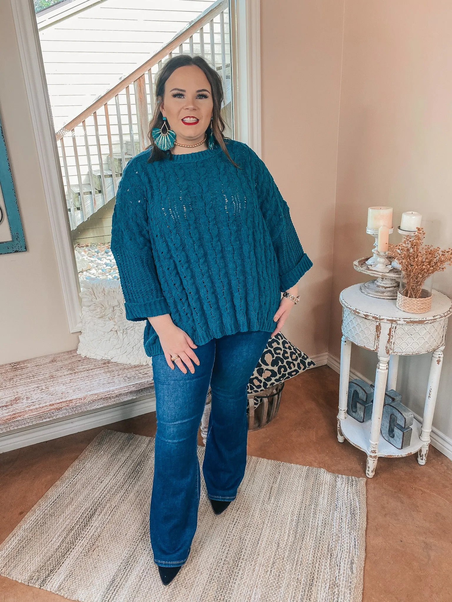 On My Level Chenille Cable Knit Pullover Sweater in Teal Green