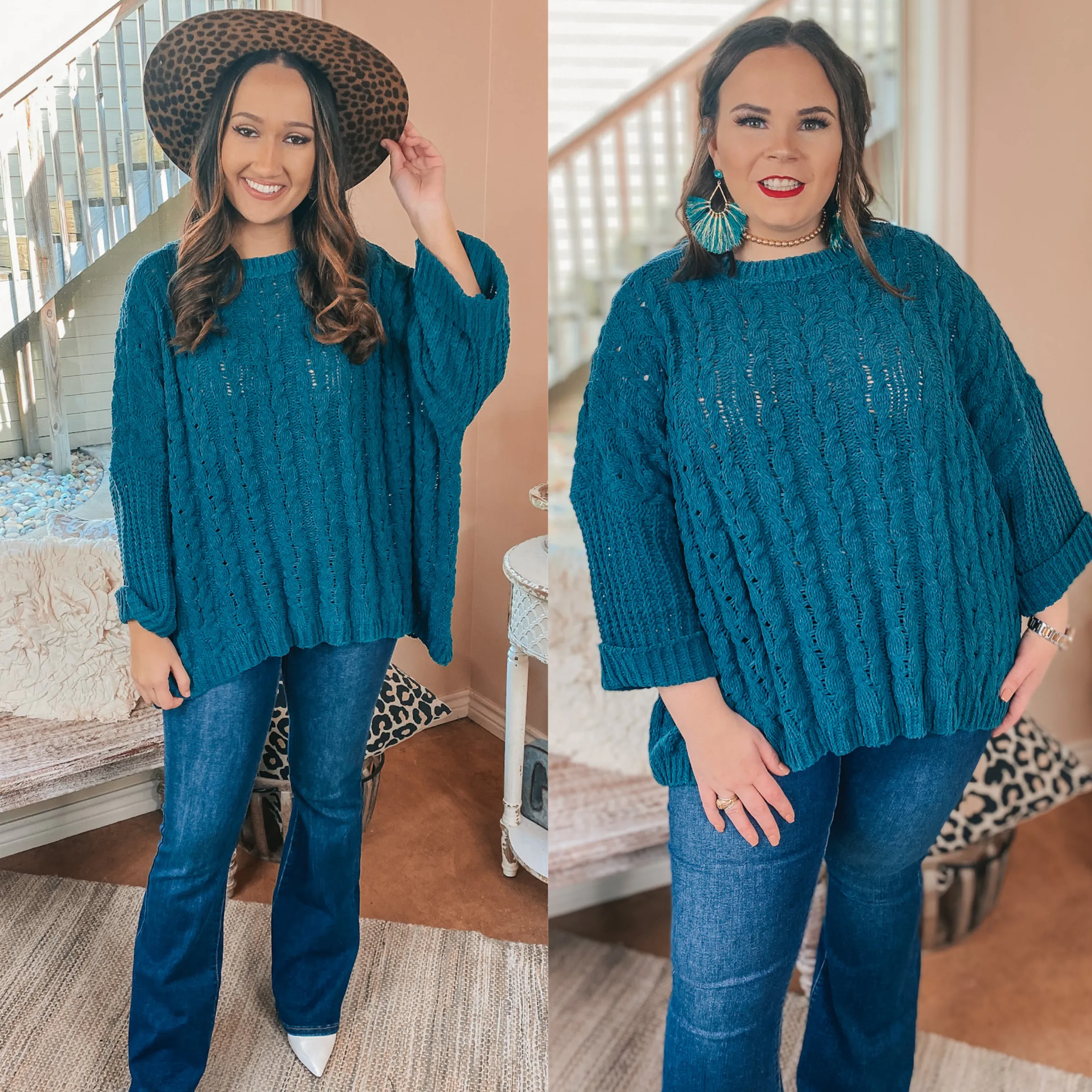 On My Level Chenille Cable Knit Pullover Sweater in Teal Green