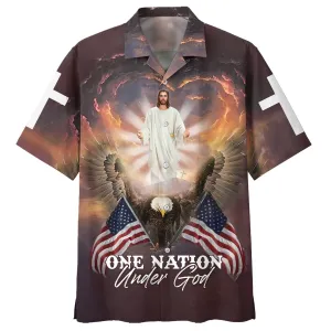 One Nation Under God Hawaiian Shirt - Jesus Arms Wide Open Hawaiian Shirts - Christian Hawaiian Shirt - Jesus Hawaiian Shirts