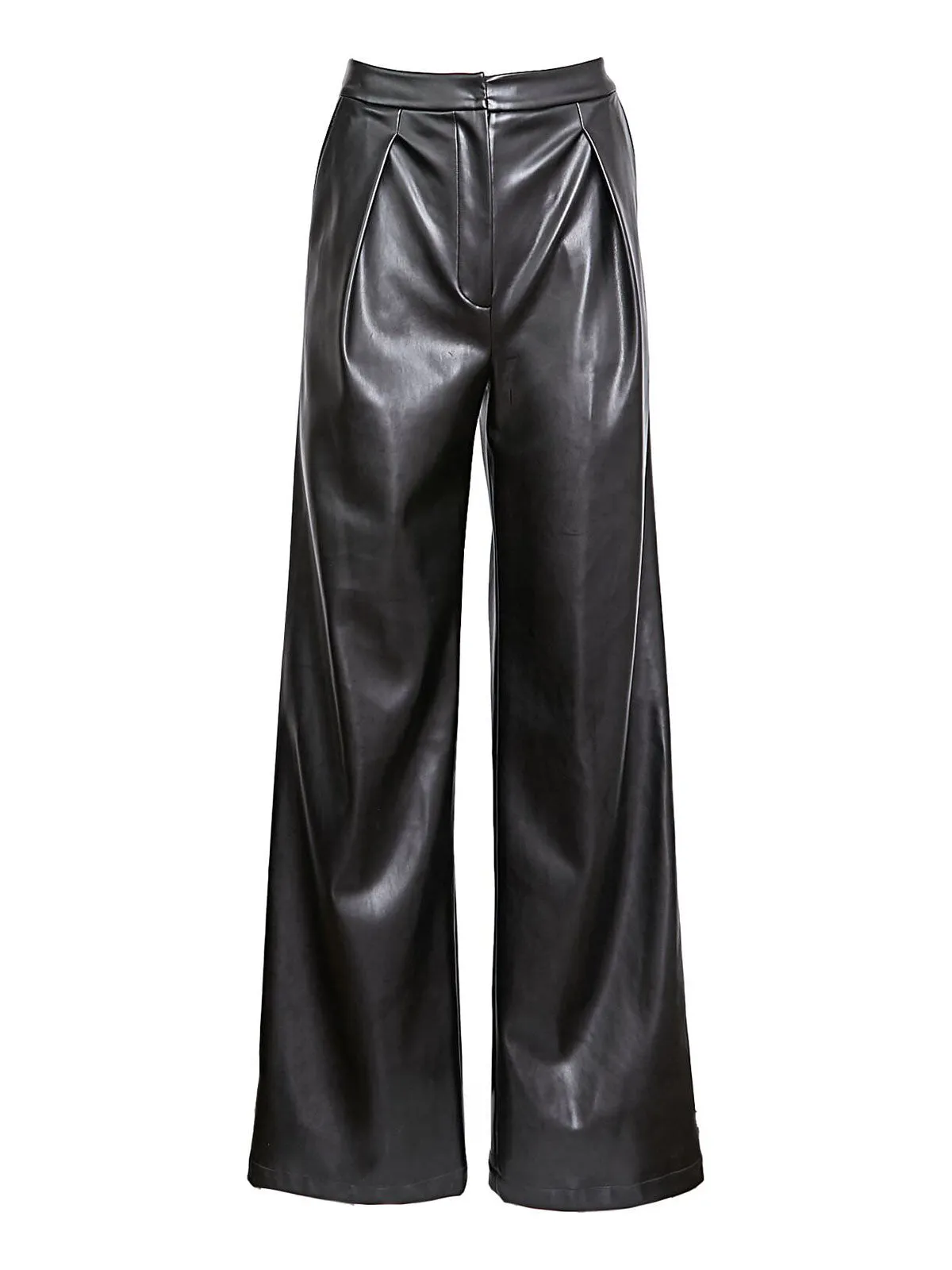 Pleated Straight Leg Vegan Leather Pants, Black