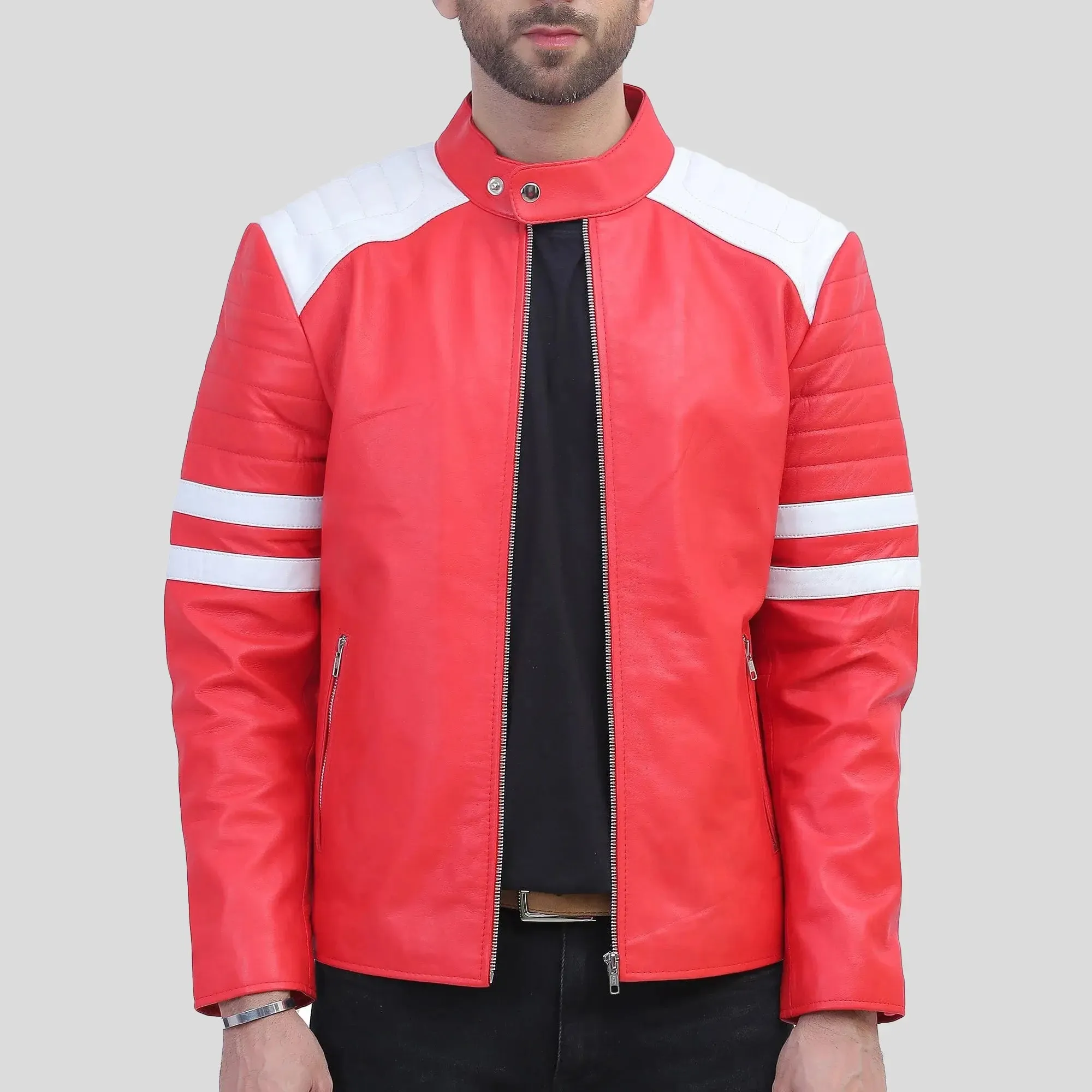 Red Leather Motorcycle Jacket with White Stripes