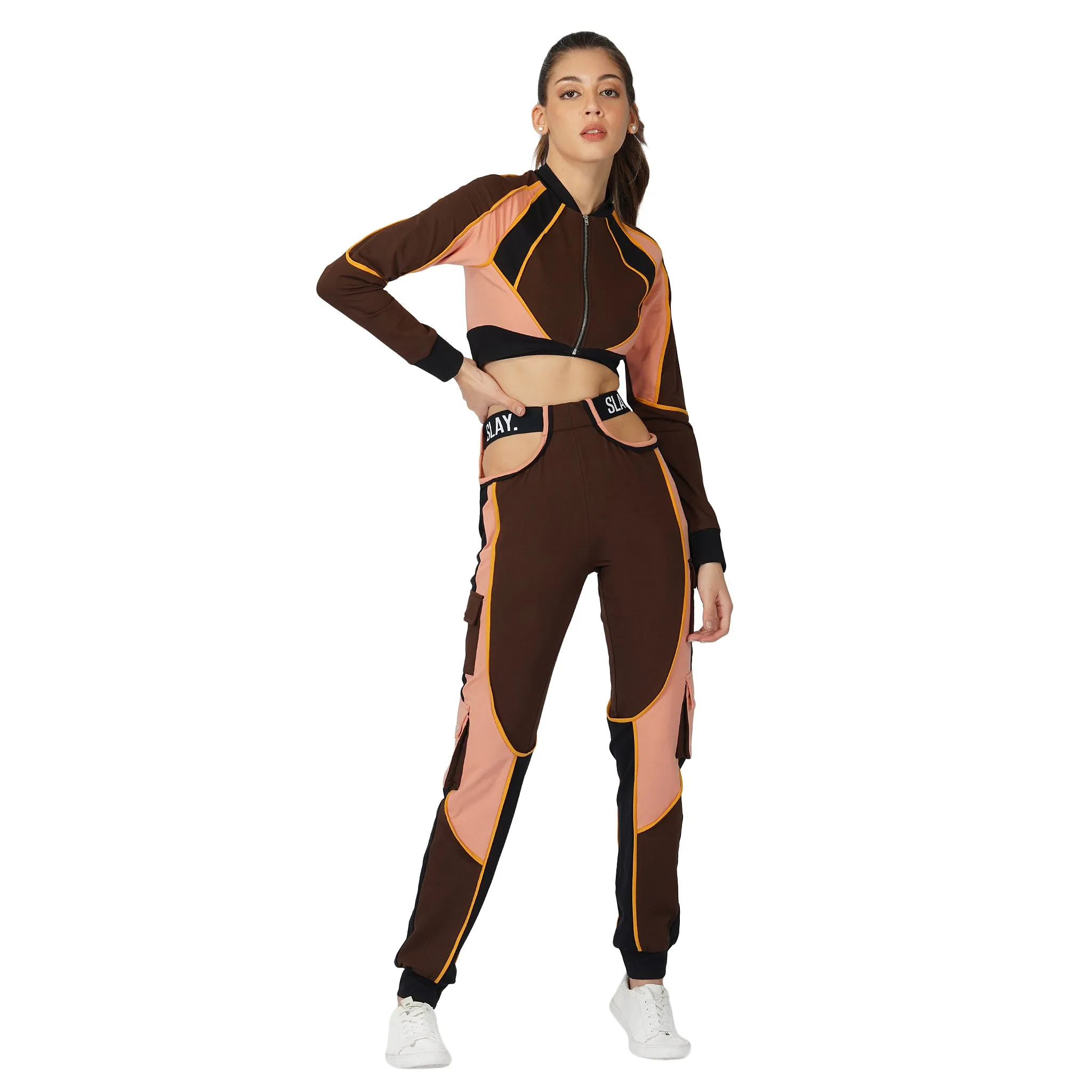 SLAY. Women's Activewear Tracksuit Brown Colorblock Crop Jacket & High Waist Cargo Pants Co-ord Set