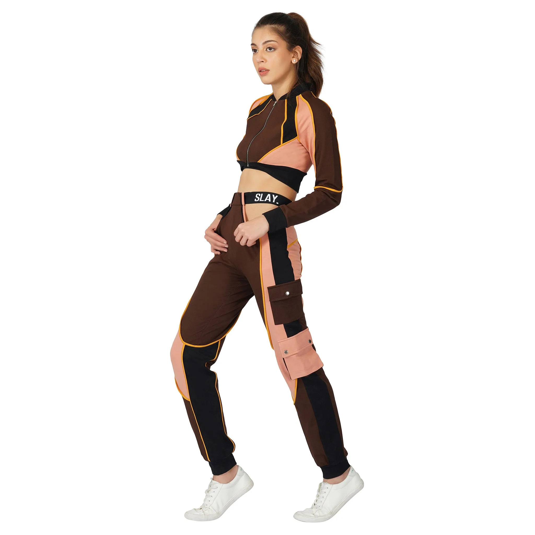 SLAY. Women's Activewear Tracksuit Brown Colorblock Crop Jacket & High Waist Cargo Pants Co-ord Set