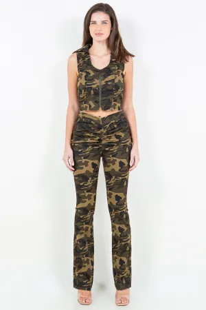 V-Cut Ruched Camo Flare Pants