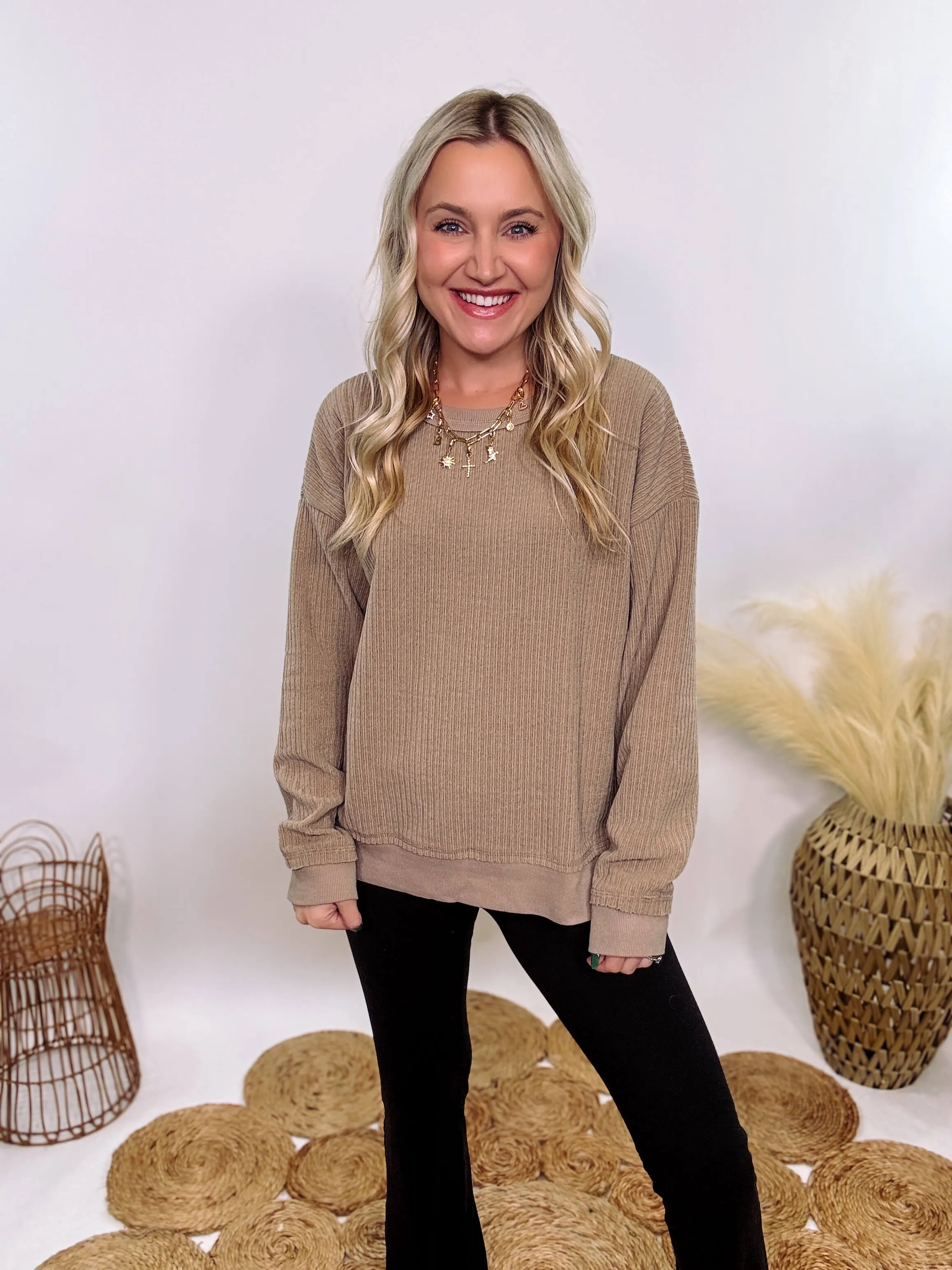 Washed Brown Oversized Ribbed Soft Texture Long Sleeve Top