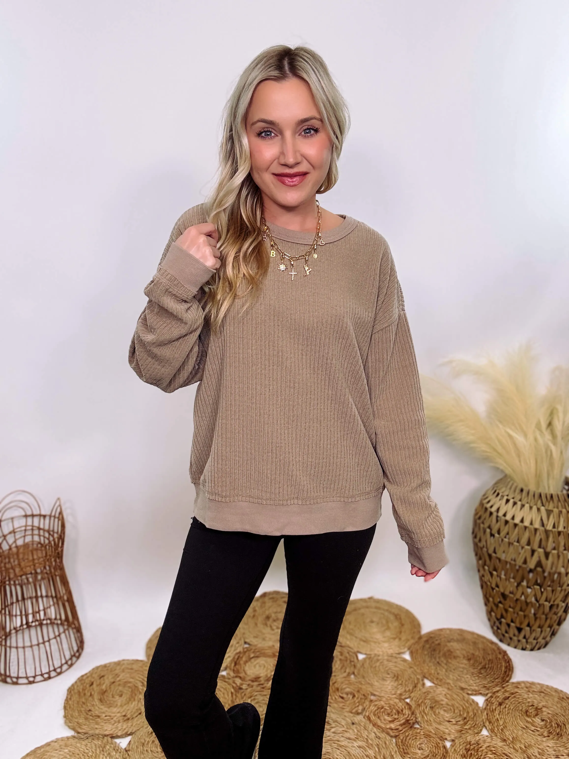 Washed Brown Oversized Ribbed Soft Texture Long Sleeve Top