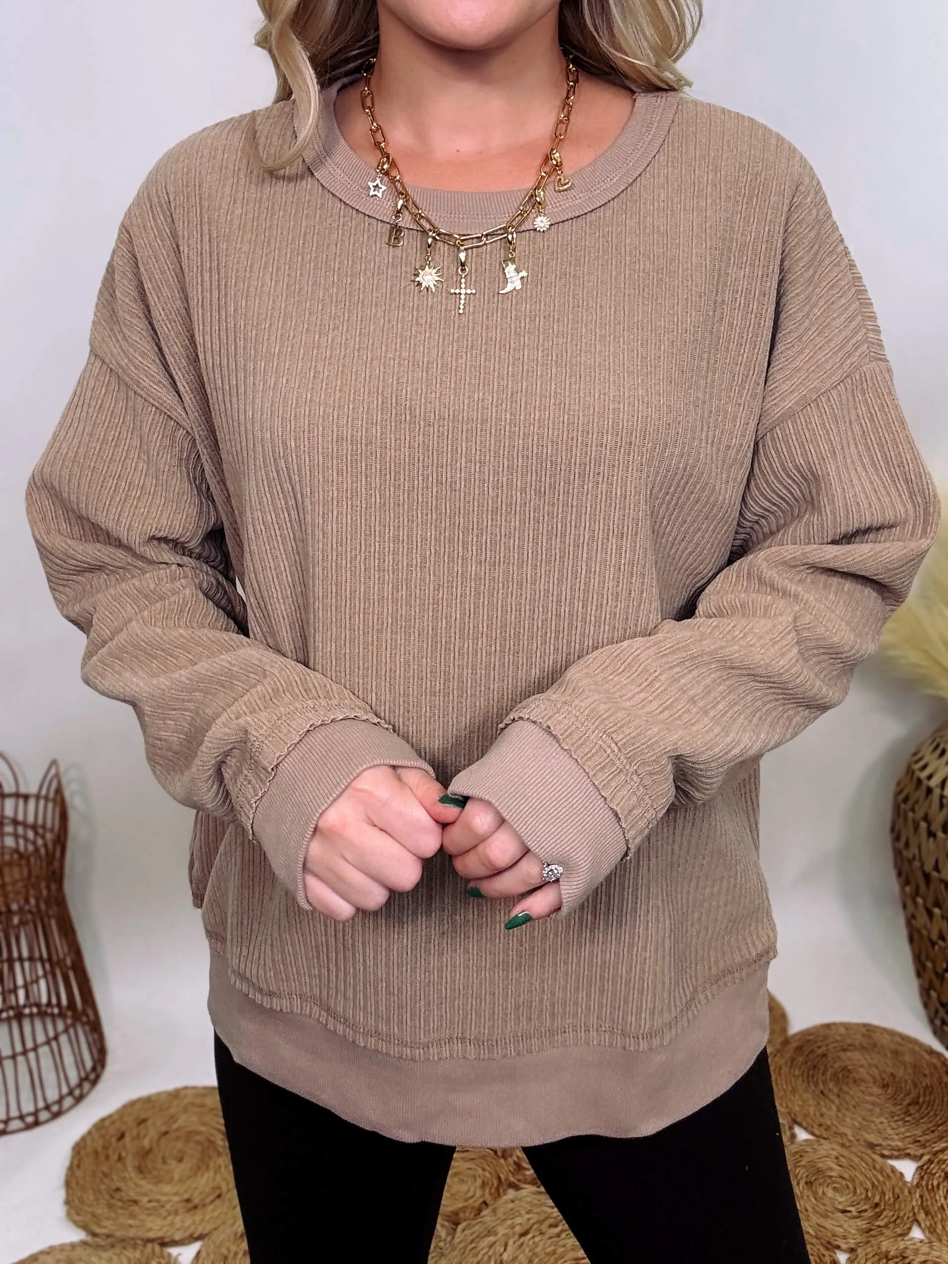 Washed Brown Oversized Ribbed Soft Texture Long Sleeve Top