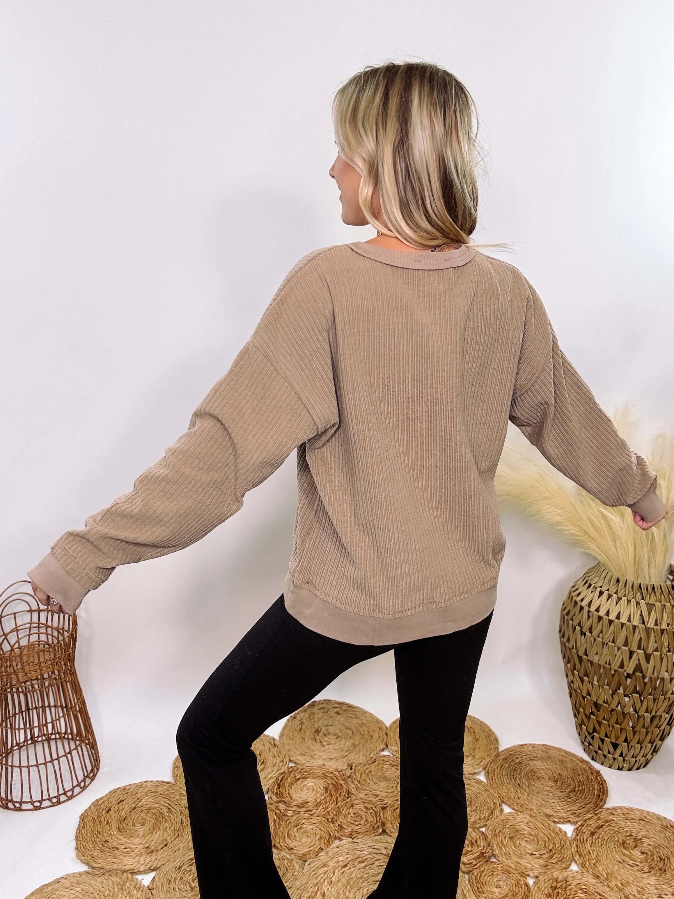 Washed Brown Oversized Ribbed Soft Texture Long Sleeve Top