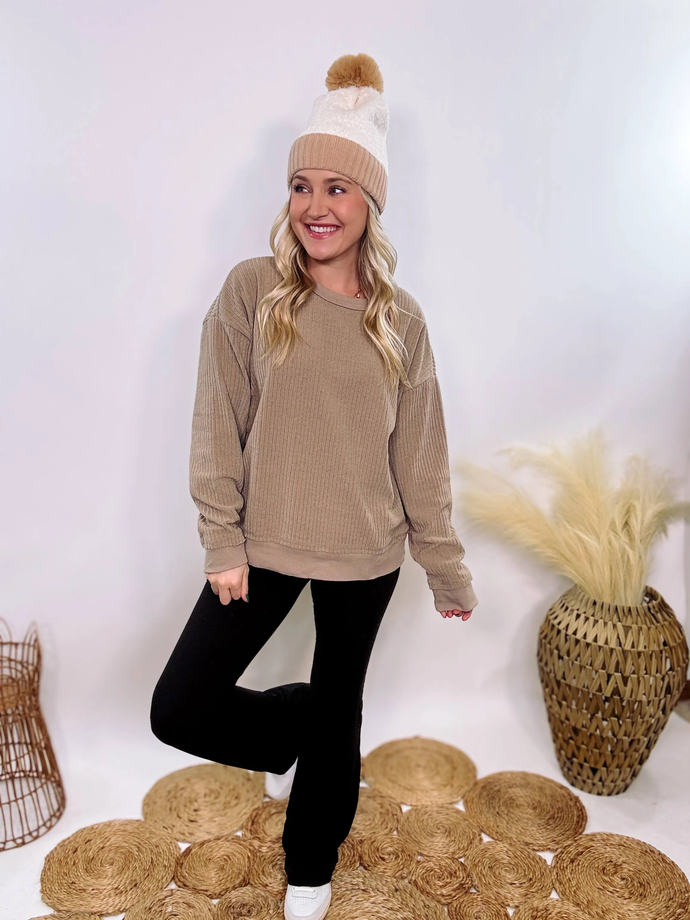 Washed Brown Oversized Ribbed Soft Texture Long Sleeve Top