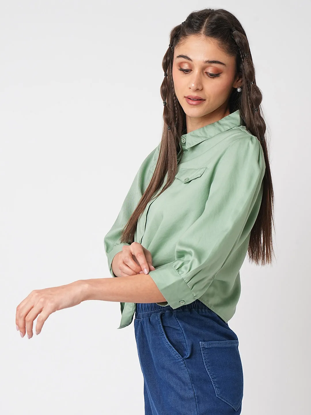 Women Mint Crop Tie-Up Slim Shirt