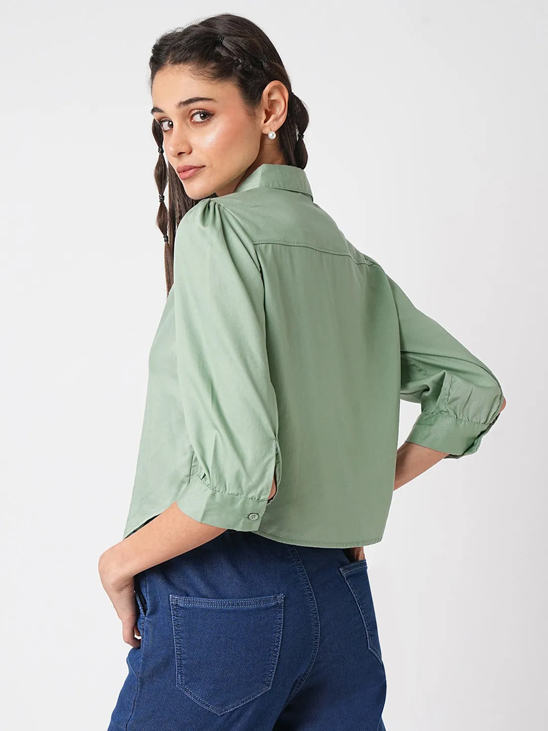 Women Mint Crop Tie-Up Slim Shirt