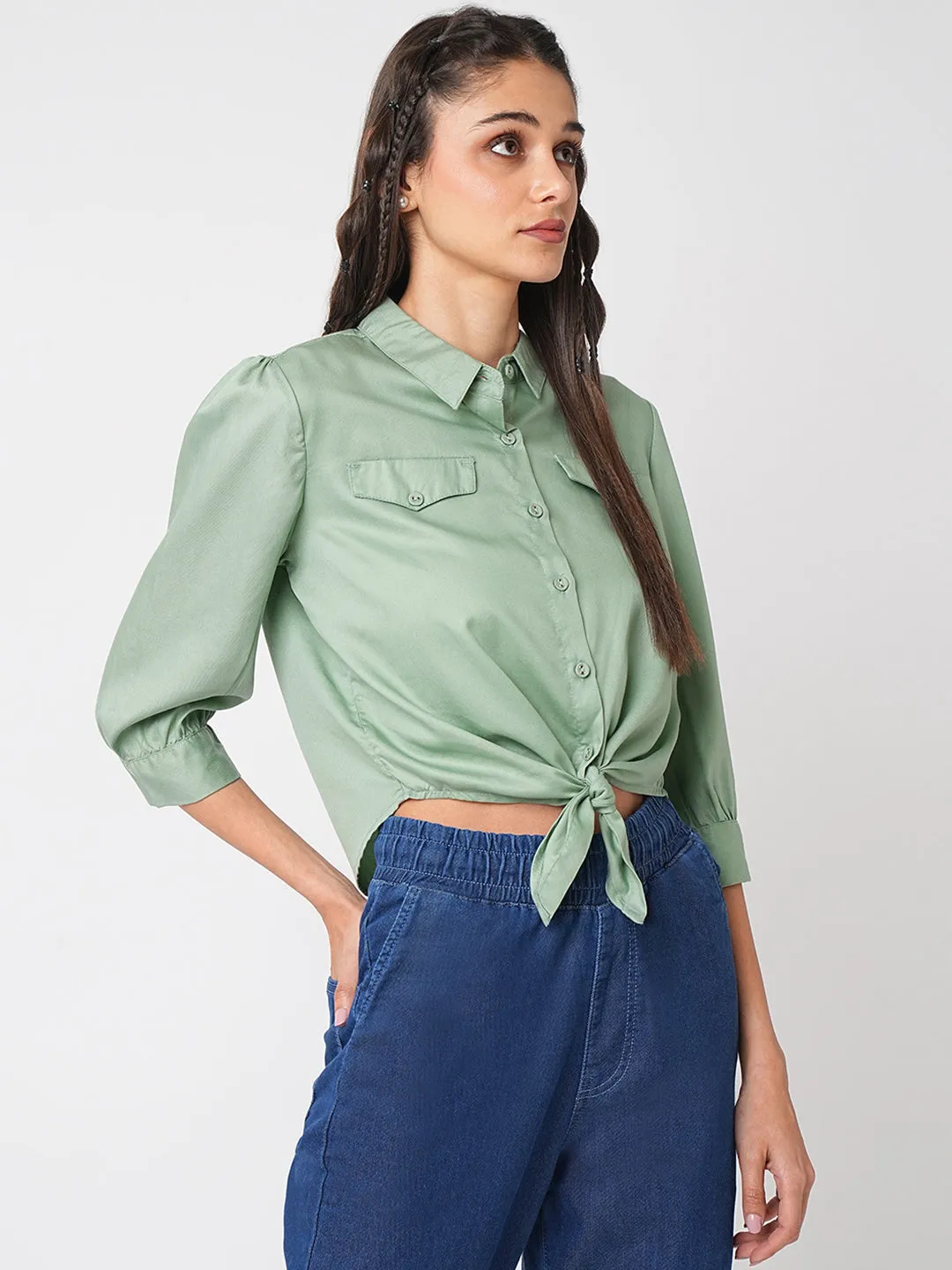 Women Mint Crop Tie-Up Slim Shirt