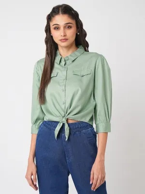 Women Mint Crop Tie-Up Slim Shirt