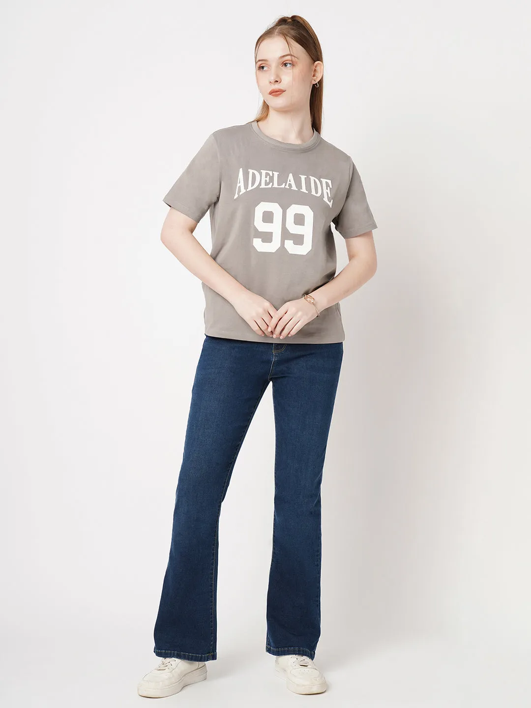 Women Slim Fit Oyster Boxy Chest Print T-Shirt