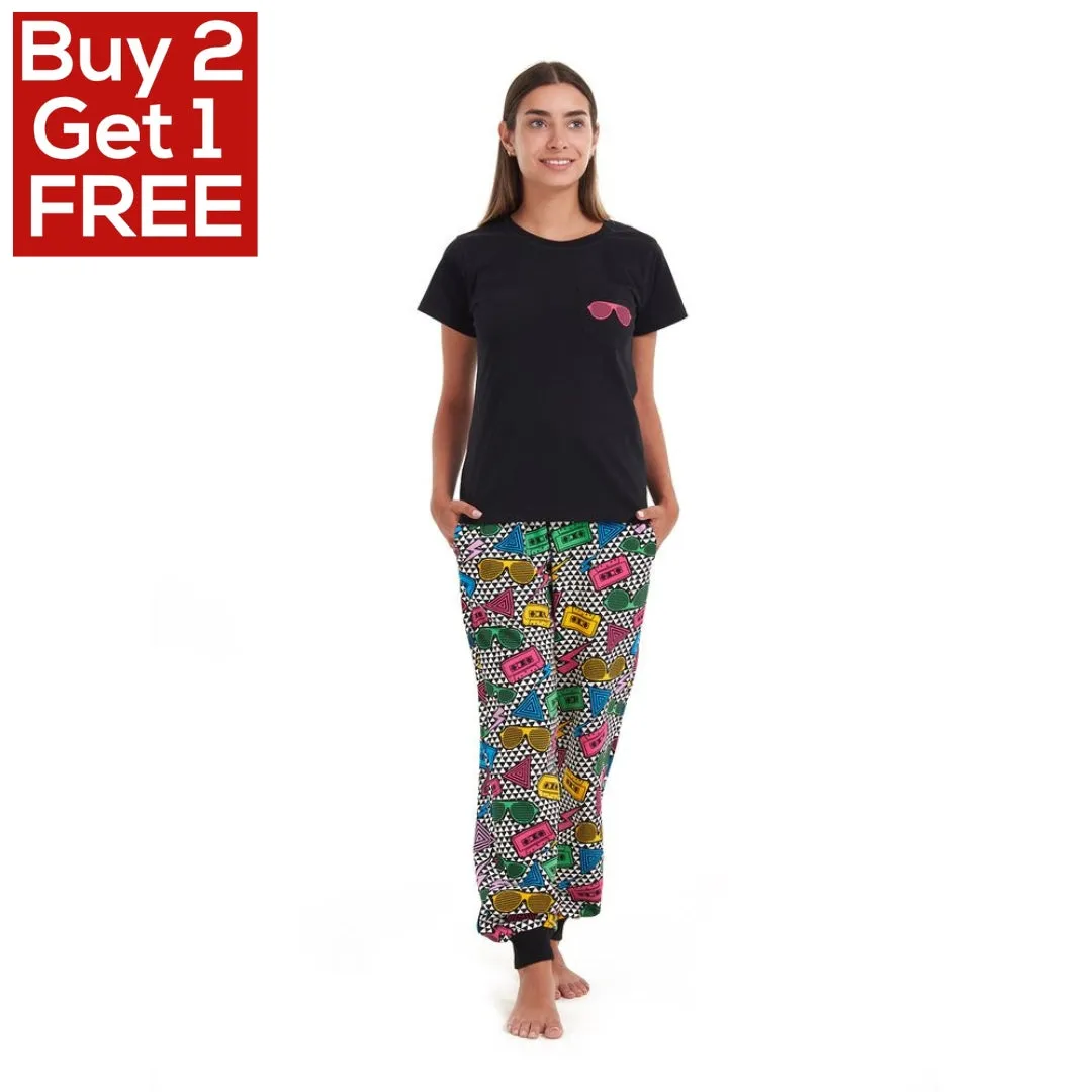 Women summer pajama set Black T-shirt   Retro pants