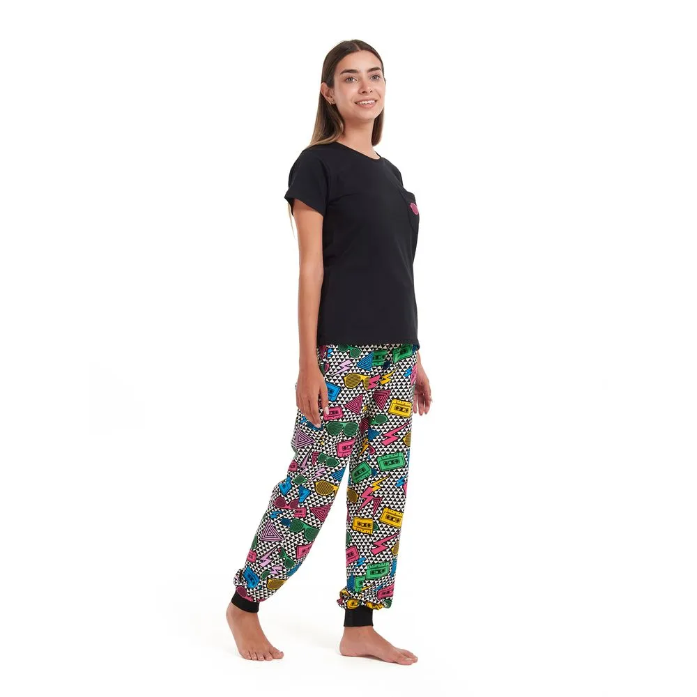 Women summer pajama set Black T-shirt   Retro pants