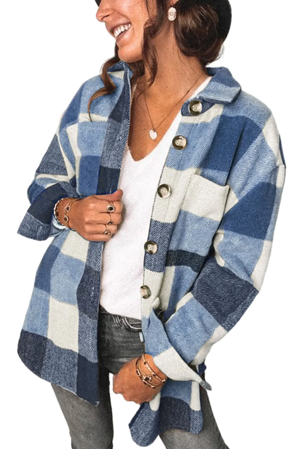 Womens Long Sleeve Plaid Shirts Flannel Lapel Button Down Shacket Jacket Coats