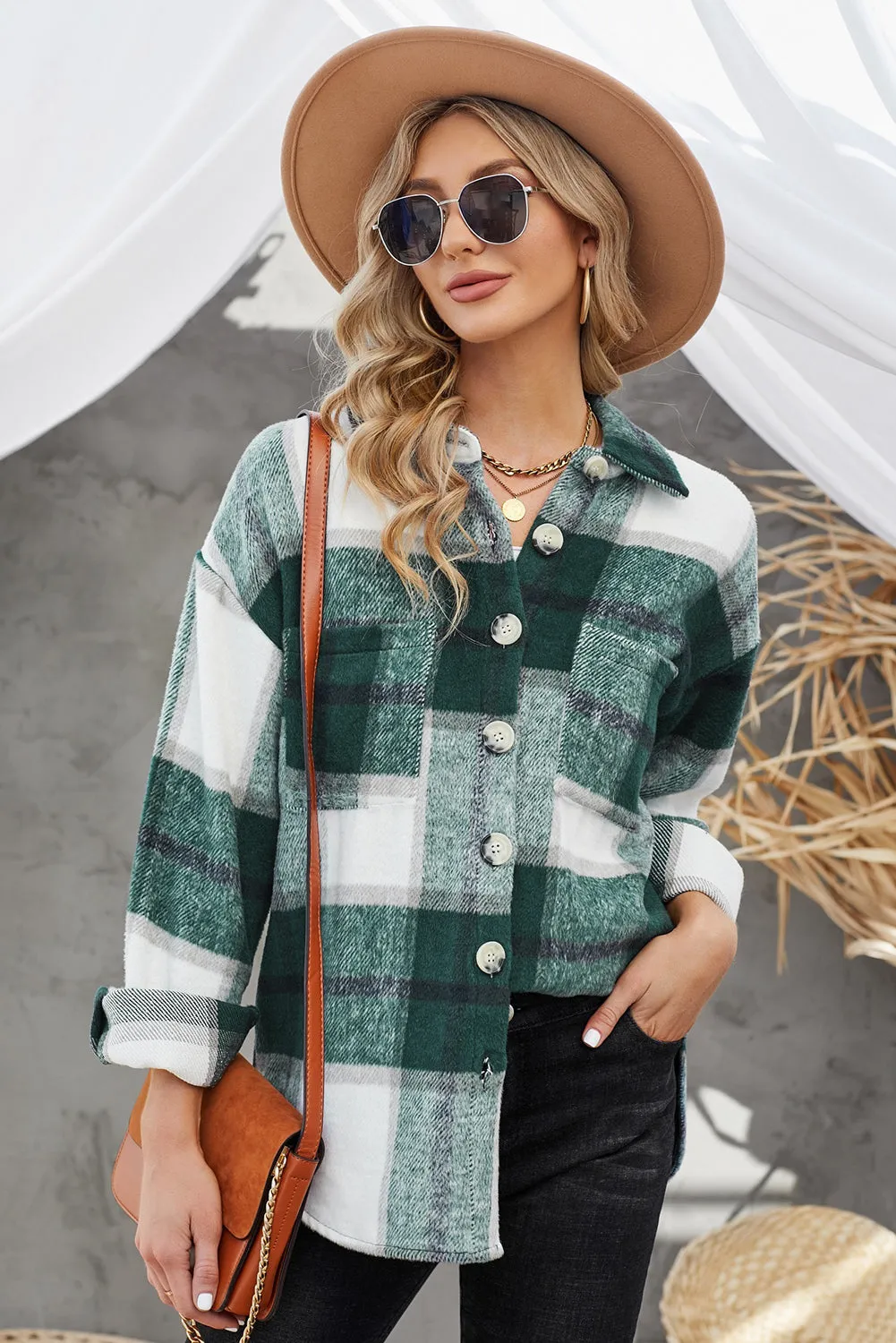 Womens Long Sleeve Plaid Shirts Flannel Lapel Button Down Shacket Jacket Coats