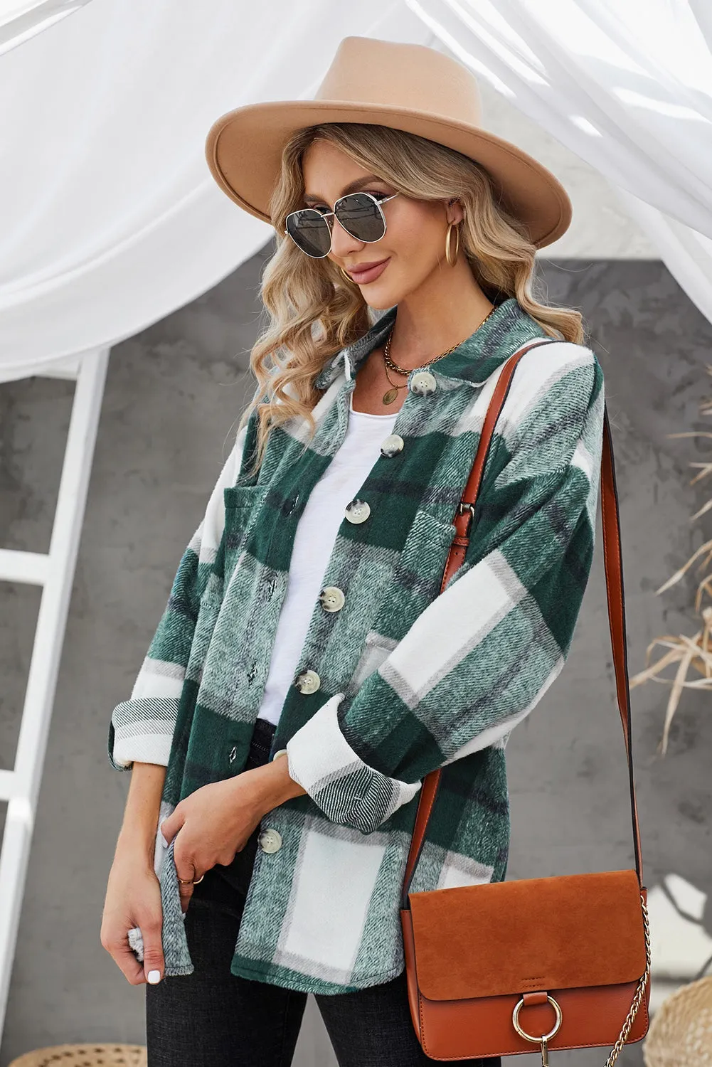 Womens Long Sleeve Plaid Shirts Flannel Lapel Button Down Shacket Jacket Coats