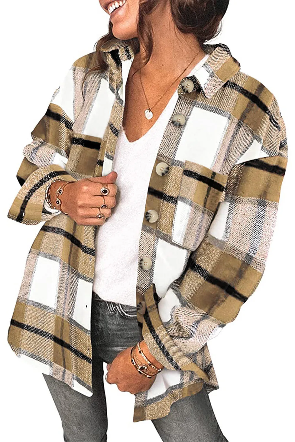 Womens Long Sleeve Plaid Shirts Flannel Lapel Button Down Shacket Jacket Coats