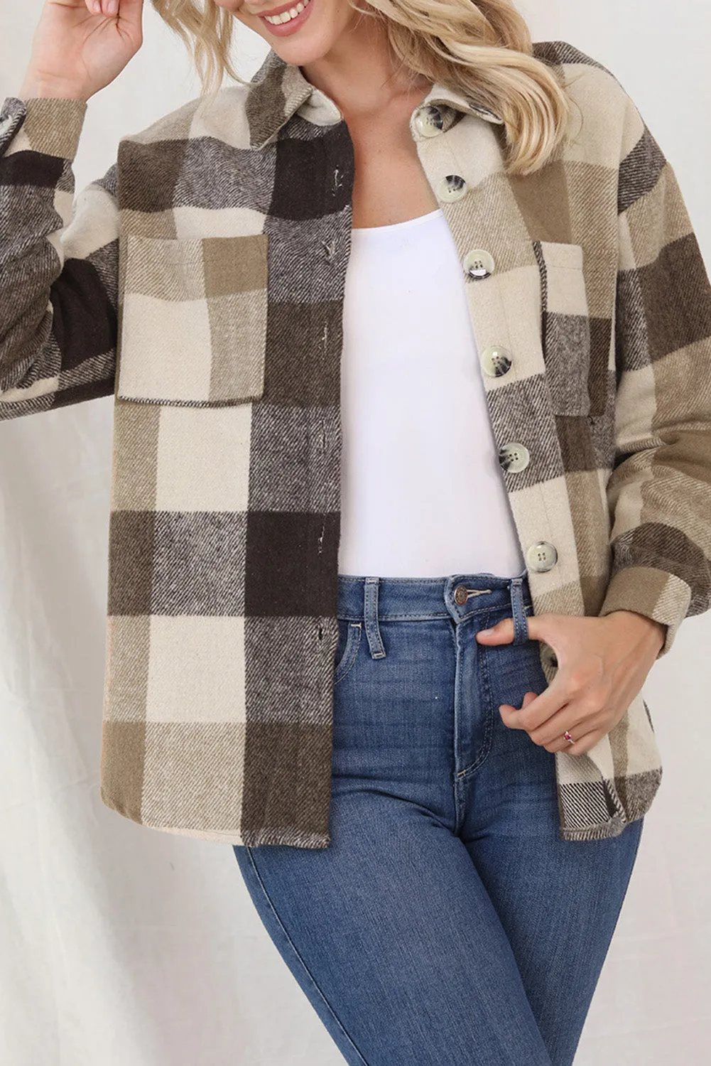 Womens Long Sleeve Plaid Shirts Flannel Lapel Button Down Shacket Jacket Coats