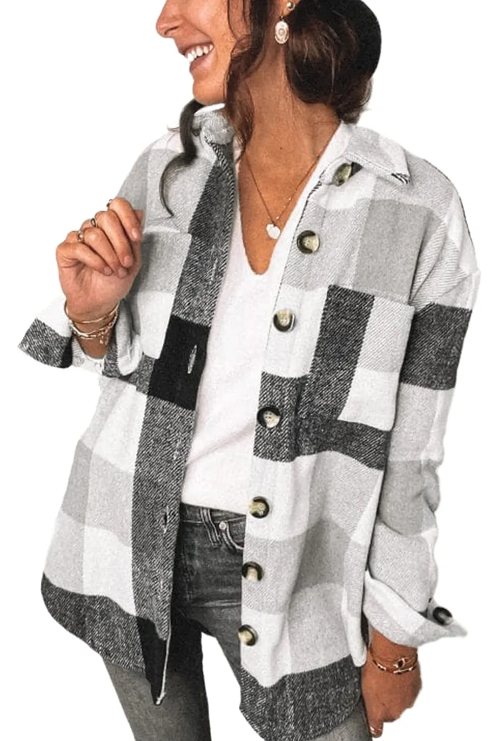 Womens Long Sleeve Plaid Shirts Flannel Lapel Button Down Shacket Jacket Coats